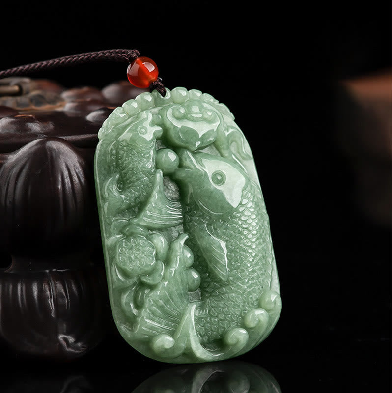 Buddha Stones Natural Jade Koi Fish Lotus Wealth Prosperity Necklace Pendant