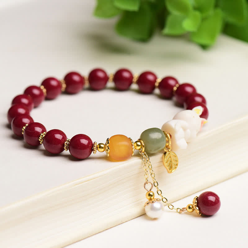 Year of the Rabbit Cinnabar Hetian Jade Bunny Beaded Blessing Bracelet