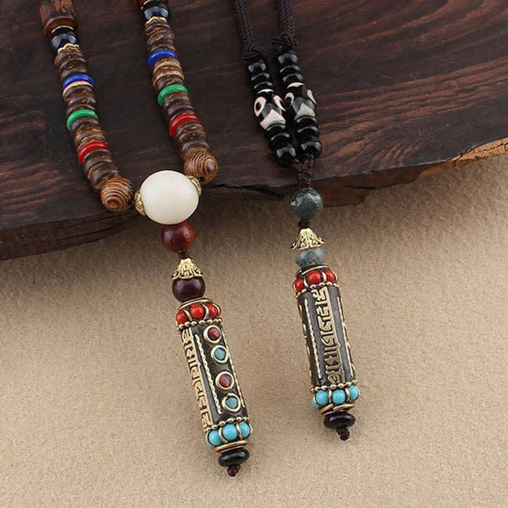 Buddha Stones Tibetan Om Mani Padme Hum Dzi Bead Wenge Wood Necklace Pendant