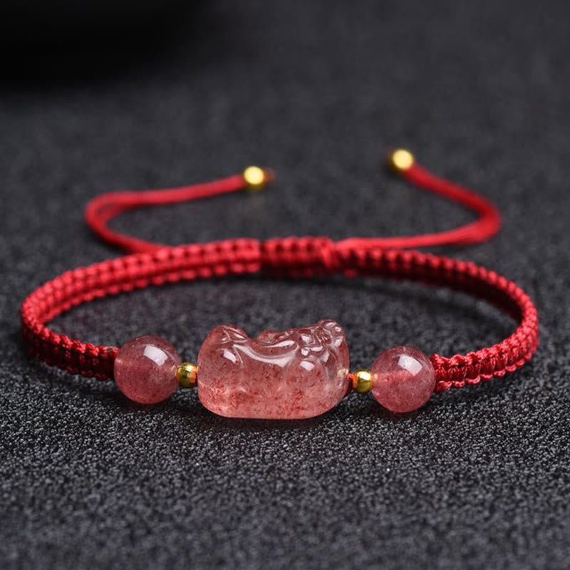 Buddha Stones Natural Strawberry Quartz PiXiu Lucky Red String Bracelet