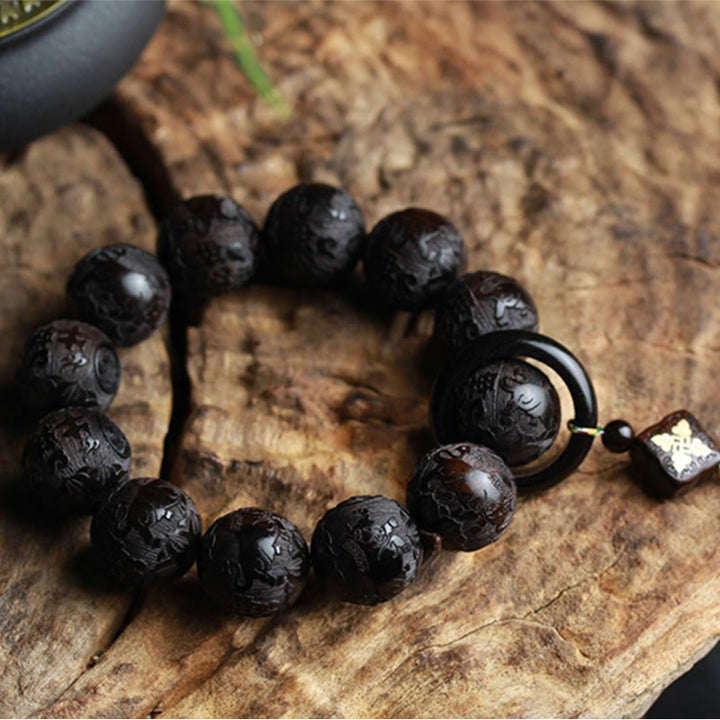 Buddha Stones Ebony Wood Chinese Character Yin Yang Engraved Gourd Balance Bracelet