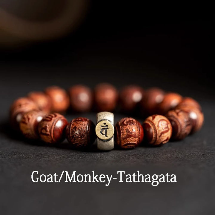 Buddha Stones Chinese Zodiac Natal Buddha Small Leaf Red Sandalwood Om Mani Padme Hum Protection Bracelet