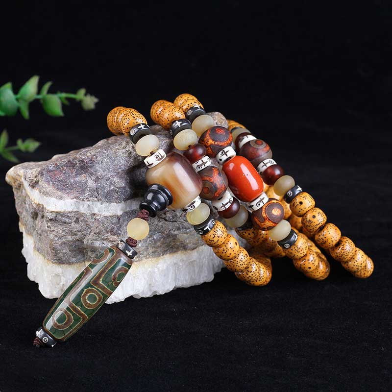 Tibetan Nine-Eye Dzi Bead Mala Bodhi Seed Wealth Peace Bracelet