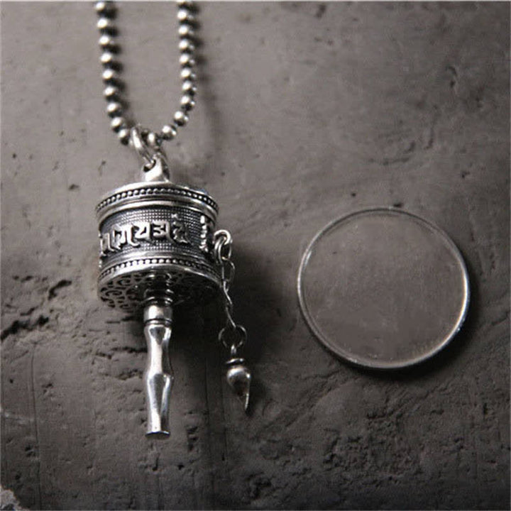 925 Sterling Silver Om Mani Padme Hum Prayer Wheel Purity Rotatable Necklace Pendant