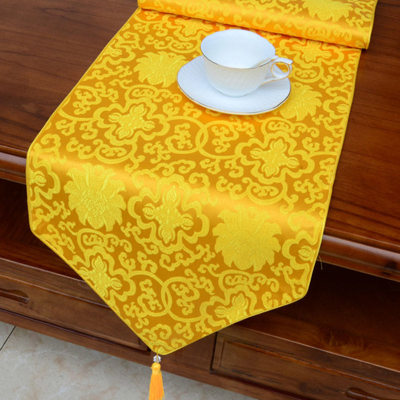 Prayer Altar Flower Vajra Dragon Pattern Tibetan Auspicious Symbols Tassels Jacquard Table Runner