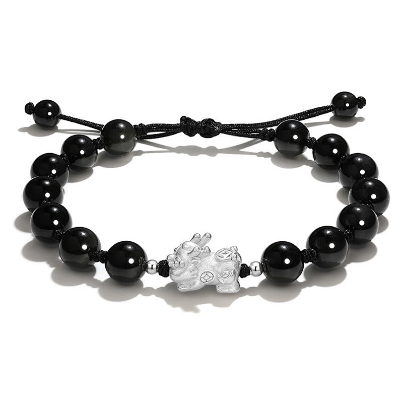 Buddha Stones Natural Black Obsidian Cat's Eye Pink Crystal PiXiu Strength Bracelet