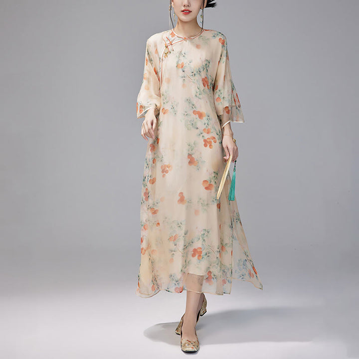 Buddha Stones 100% Mulberry Silk 6 Momme Dress Vintage Loose Lychee Fruit Tree Patttern Qipao Dress Women's Cheongsam Dress