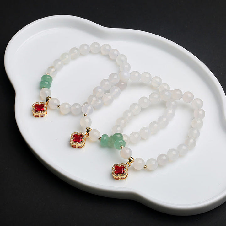 Buddha Stones Natural White Agate Red Agate Money Bag Fu Character Four Leaf Clover Protection Bracelet