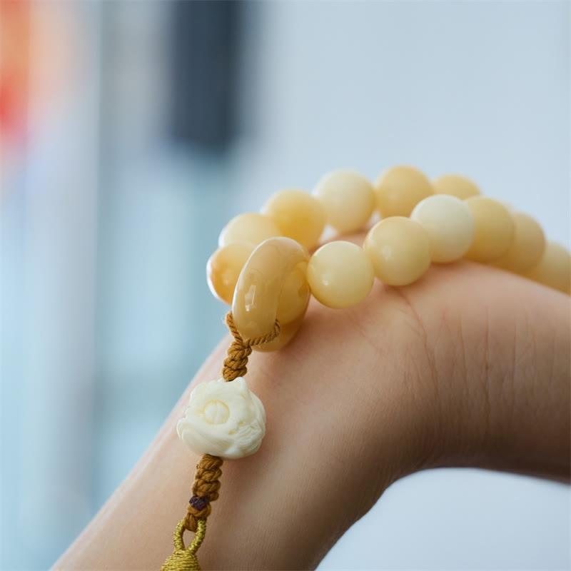 Buddha Stones Natural Bodhi Seed Ivory Fruit Dancing Lion Charm Harmony Tassel Wrist Mala