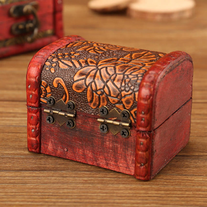 Buddha Stones Vintage Small Wood Jewelry Box Grass Flower Lotus Golden Grape Copper Coin Daffodil Jewelry Storage Box