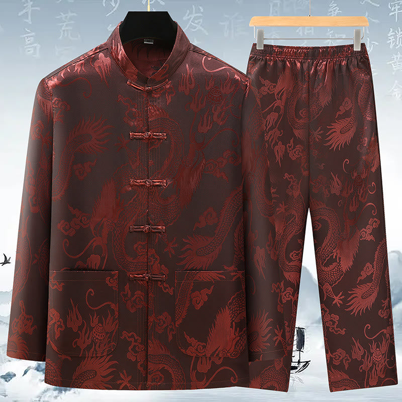 Buddha Stones Tang Suit Men Hanfu Chinese Dragon Traditional Clothes Kung Fu Shirt Uniform Long Sleeved Coat Tops and Pants Clothing Men's Set