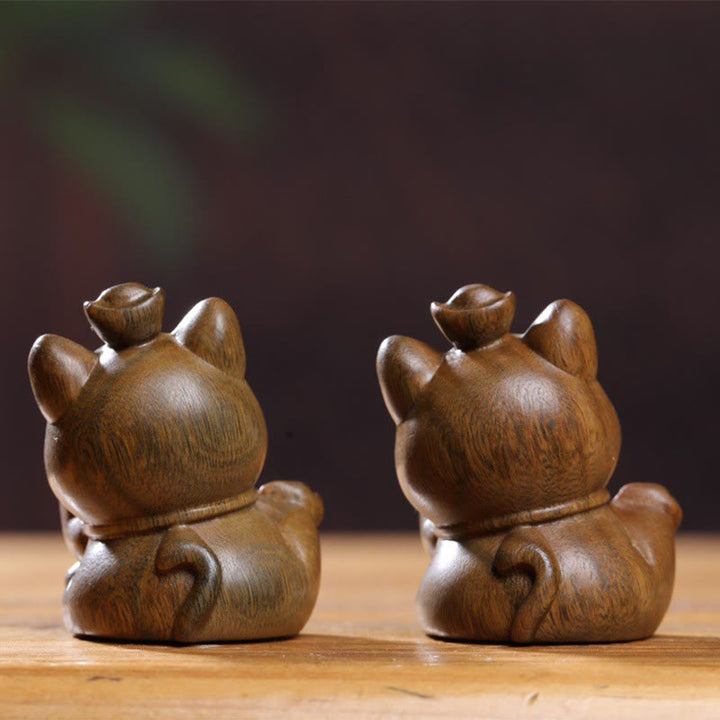 Buddha Stones Mini Green Sandalwood Ingot Lucky Cat Carved Peace Desk Decorations