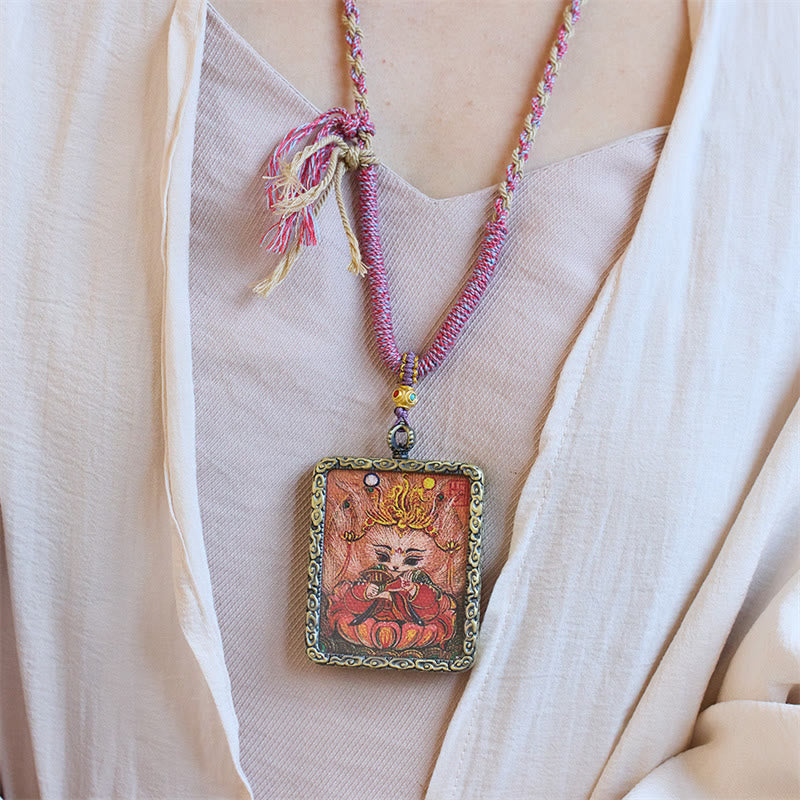 Buddha Stones Tibetan Hand-Painted Thangka Nine-Tailed Fox Luck Necklace Pendant