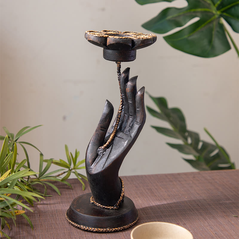 Buddha Stones Hand Pattern Wood Candlestick Home Candle Holder Decoration