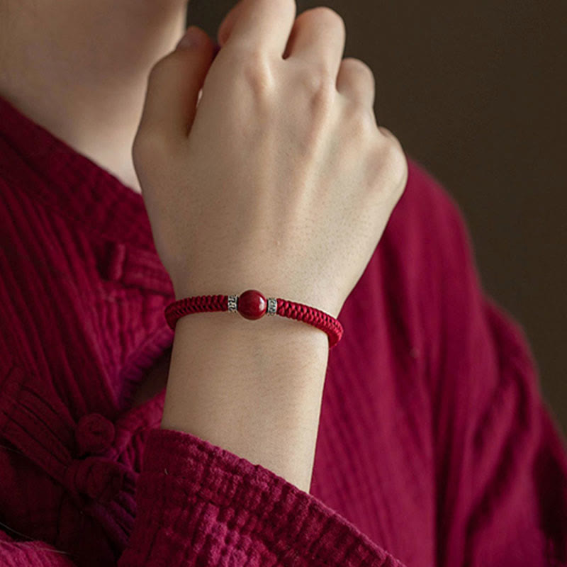 Buddha Stones 925 Sterling Silver Natural Cinnabar Bead Calm Handmade Braided String Bracelet