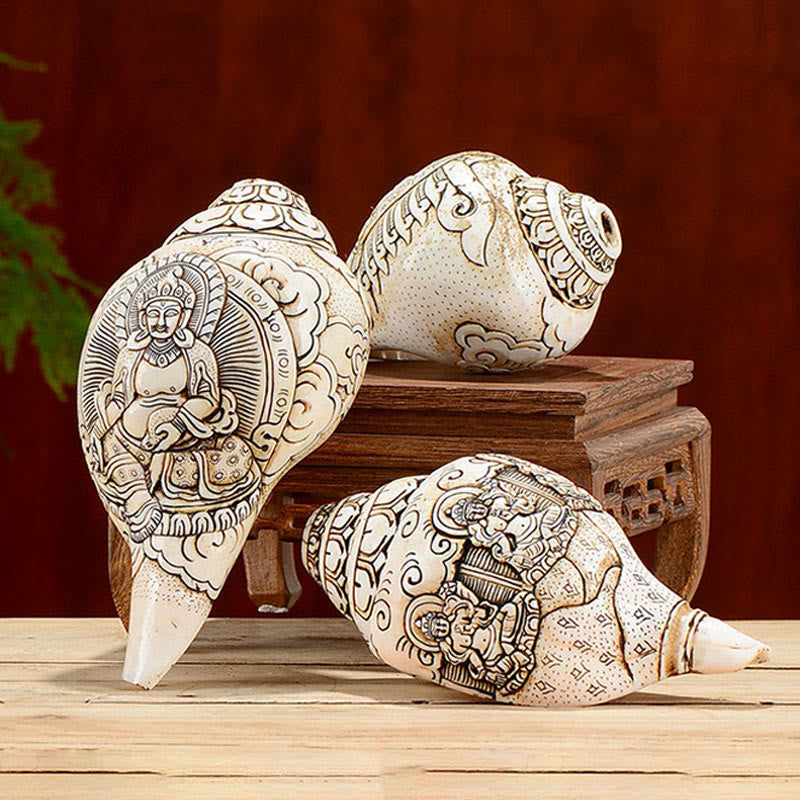 Tibetan Handmade Engraved Shankha Buddha Avalokitesvara Conch Shell Wealth Decoration