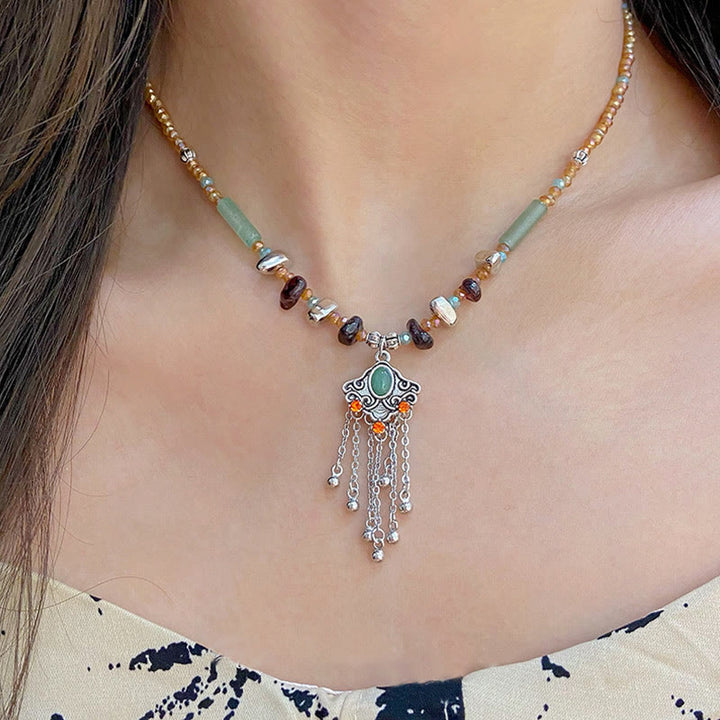 Buddha Stones Tibetan Crystal Stone Copper Luck Tassel Necklace Pendant