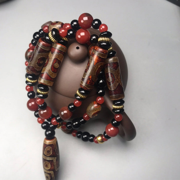 Buddha Stones Nine-Eye Dzi Bead Red Agate Wealth Health Necklace