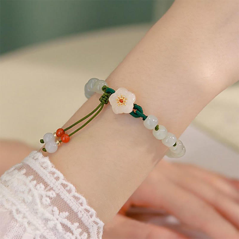 Buddha Stones Jade Peach Blossom Flower Luck Bracelet