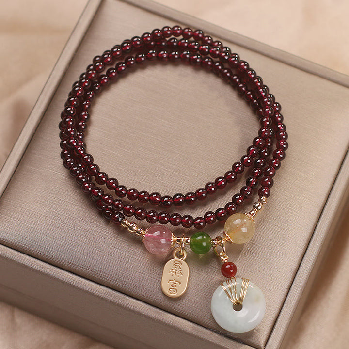 Buddha Stones Natural Garnet Strawberry Quartz Crystal Fox Koi Fish Peace Buckle Fortune Protection Triple Wrap Bracelet