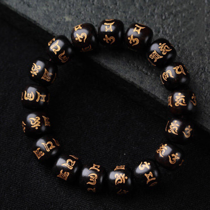 Buddha Stones Tibetan Ebony Wood Om Mani Padme Hum Engraved Peace Bracelet