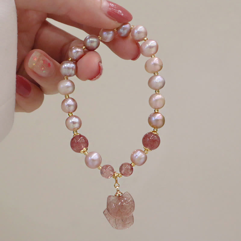 Buddha Stones Natural Pearl Strawberry Quartz Cute Fox Love Healing Charm Bracelet