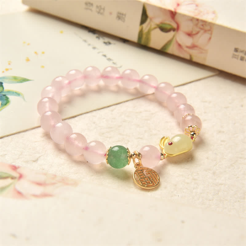 Year of the Rabbit Natural Pink Crystal Green Agate Bunny Love Happiness Bracelet