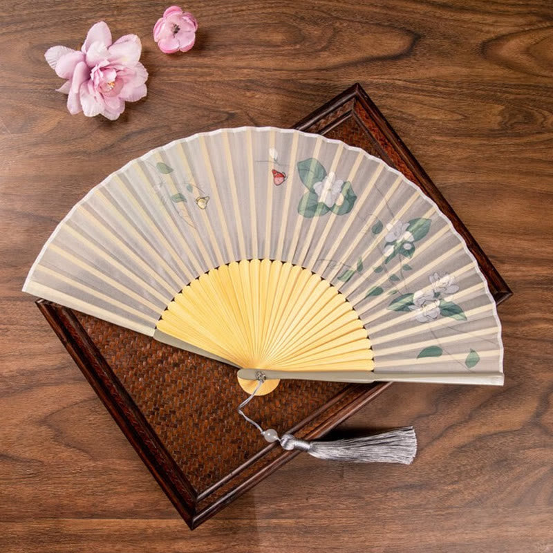 Buddha Stones Jasmine Lotus Begonia Flowers Handheld Bamboo Folding Fan