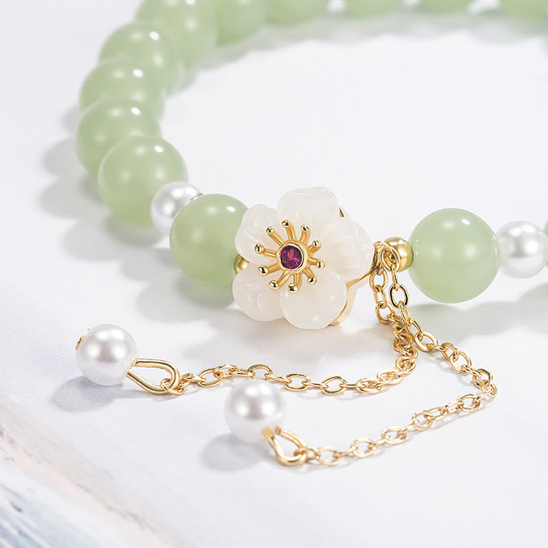 Buddha Stones Jade Peach Blossom Flower Pearl Luck Blessing Bracelet