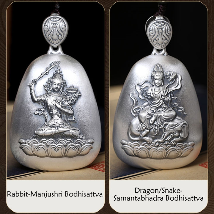 Buddha Stones 999 Sterling Silver Chinese Zodiac Natal Buddha Heart Sutra Engraved Protection Necklace Pendant