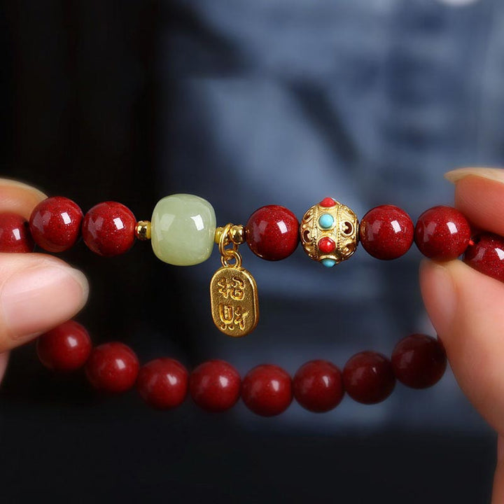 Buddha Stones Cinnabar Green Aventurine Fortune Protection Charm Bracelet