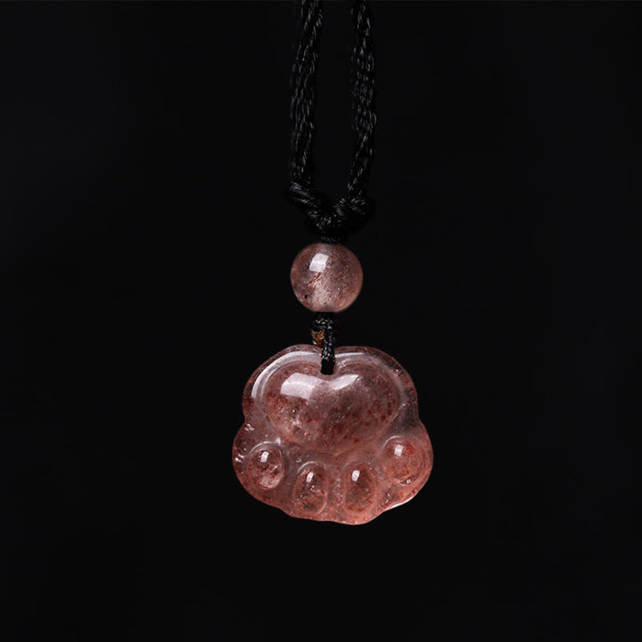 Buddha Stones Strawberry Quartz Lovely Cat Paw Claw Healing Necklace Pendant