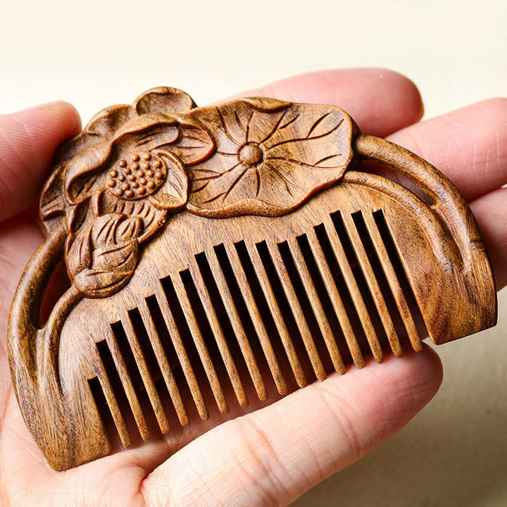 Natural Green Sandalwood Lotus Flower Leaf Engraved Soothing Comb