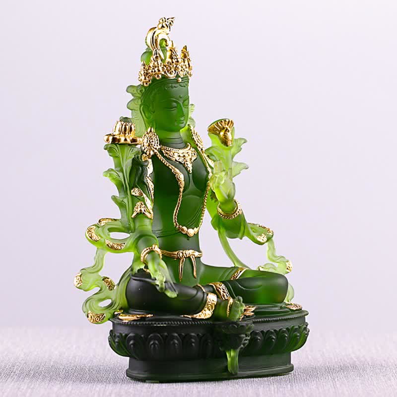 Bodhisattva Green Tara Handmade Liuli Crystal Art Piece Protection Home Office Statue Decoration