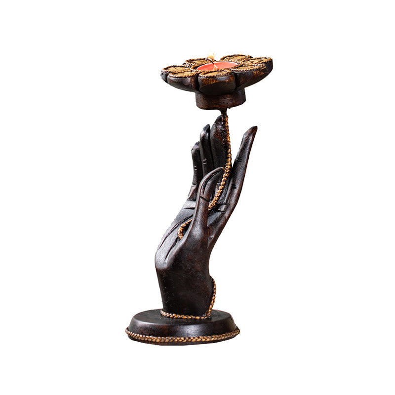 Buddha Stones Hand Pattern Wood Candlestick Home Candle Holder Decoration