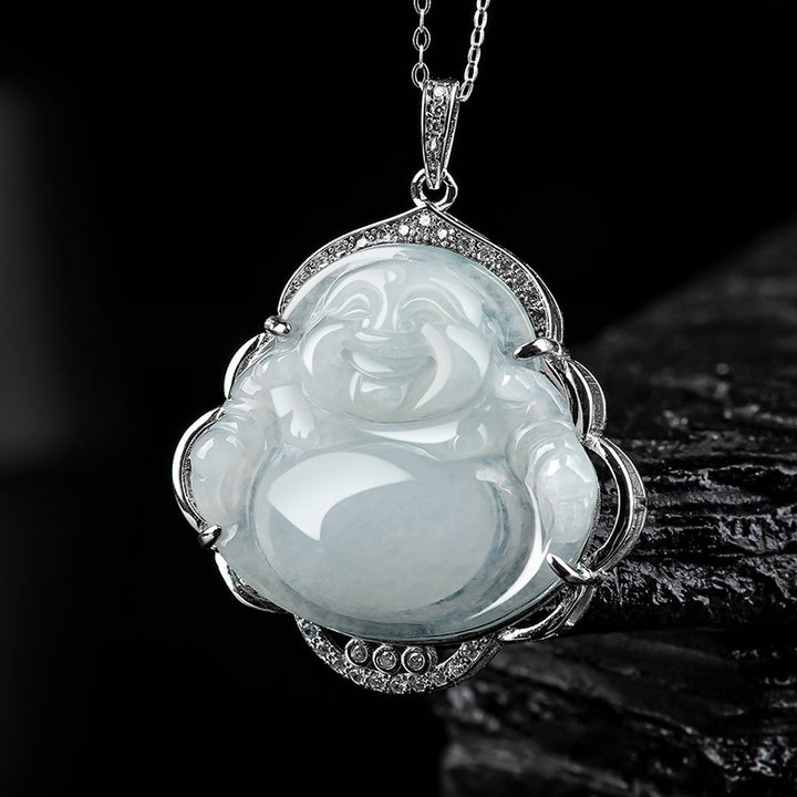 Buddha Stones 925 Sterling Silver Laughing Buddha Natural Jade Abundance Necklace Pendant