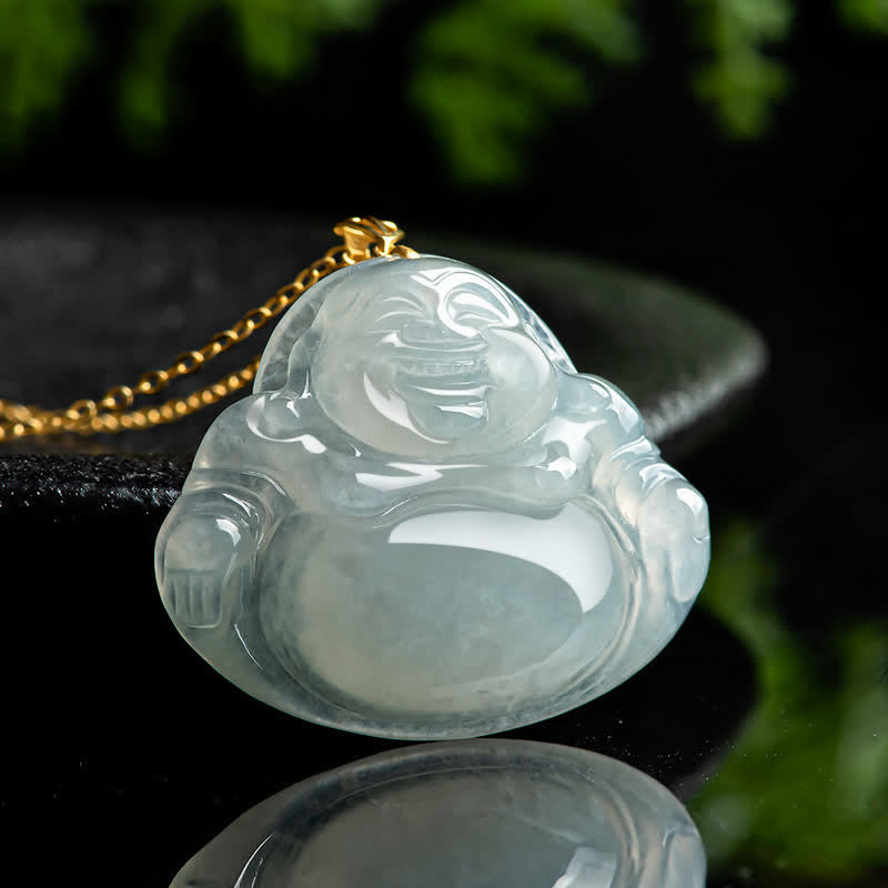 Laughing Buddha Natural Jade 18K Gold Abundance Necklace Pendant