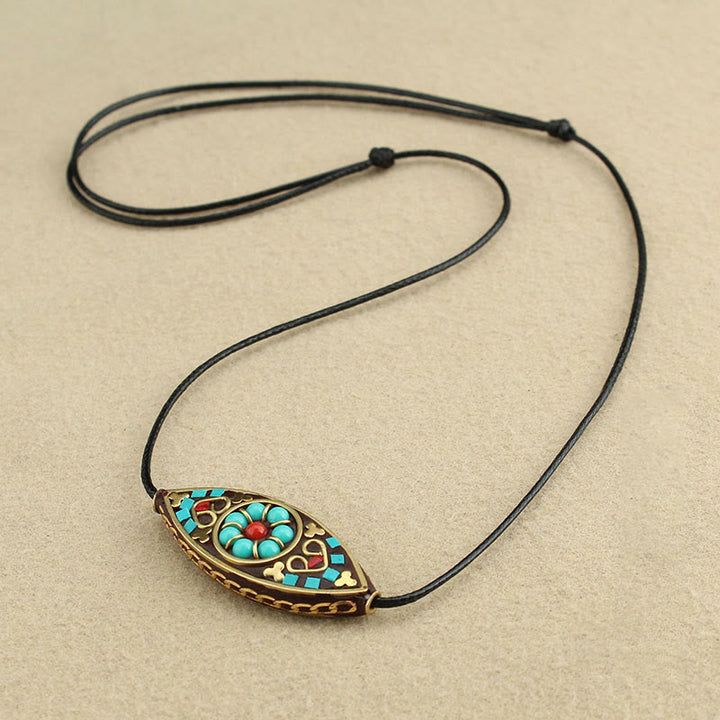 Buddha Stones Tibet Turquoise Bead Marquise Pattern Protection Strength Necklace Pendant