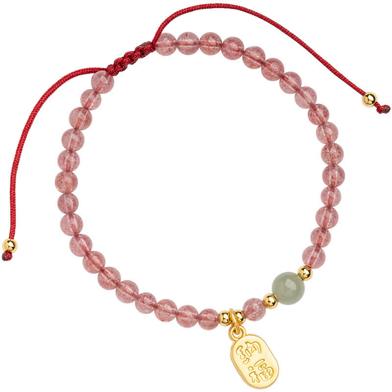 Buddha Stones Natural Strawberry Quartz Garnet Jade Lucky Fortune Fu Character Healing Charm Bracelet