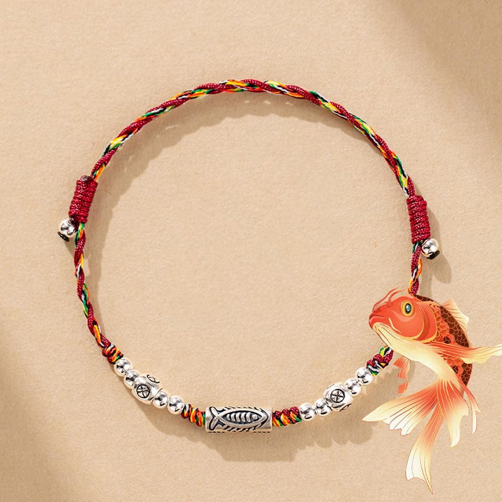 Buddha Stones 925 Sterling Silver Luck Koi Fish Braided Colorful String Bracelet Anklet