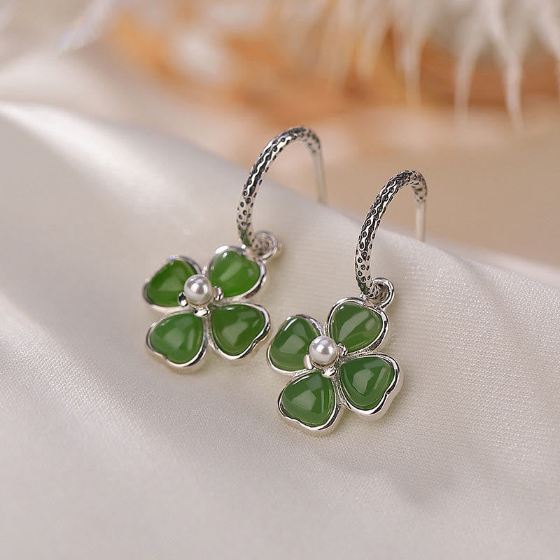 Buddha Stones 925 Sterling Silver Natural Cyan Jade Four Leaf Clover Luck Success Earrings