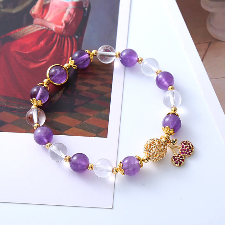 Buddha Stones Natural Amethyst White Crystal Positive Cherry Charm Bracelet