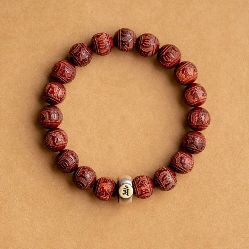 Buddha Stones Chinese Zodiac Natal Buddha Small Leaf Red Sandalwood Om Mani Padme Hum Protection Bracelet