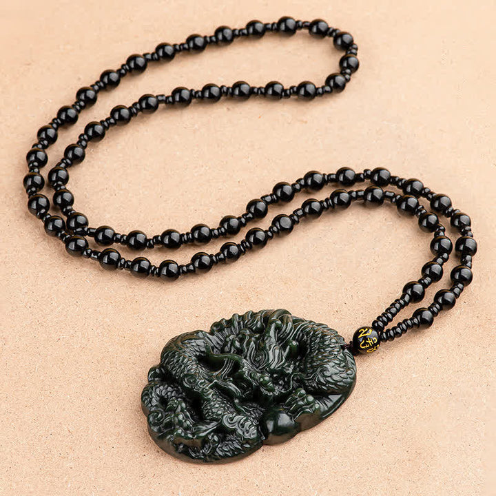 Buddha Stones Hetian Cyan Jade Dragon Success Harmony Necklace Beaded String Pendant