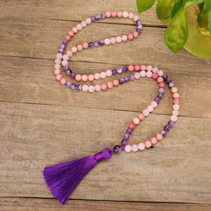 Buddha Stones 108 Mala Beads Amethyst Rose Quartz Spiritual Healing Tassel Bracelet