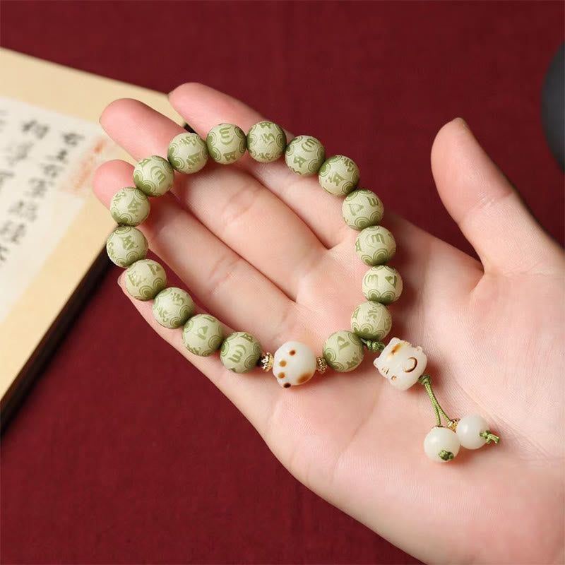 Buddha Stones Green Bodhi Seed Cat Paw Om Mani Padme Hum Engraved Wisdom Bracelet