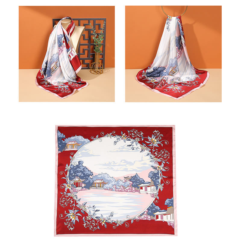 Buddha Stones Pastoral Scene Hot Air Balloon Spring Blossom 100% Mulberry Silk Neck Hair Scarf