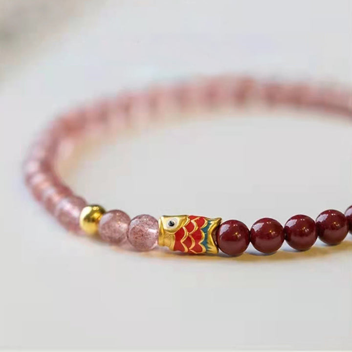 Buddha Stones Natural Strawberry Quartz Cinnabar Lucky Koi Fish Healing Bracelet