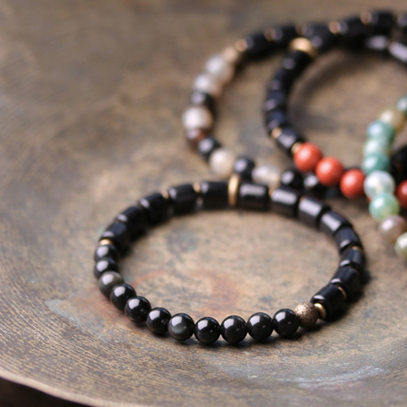 Buddha Stones Ebony Wood Red Jasper Moss Agate Crystal Copper Peace Couple Bracelet