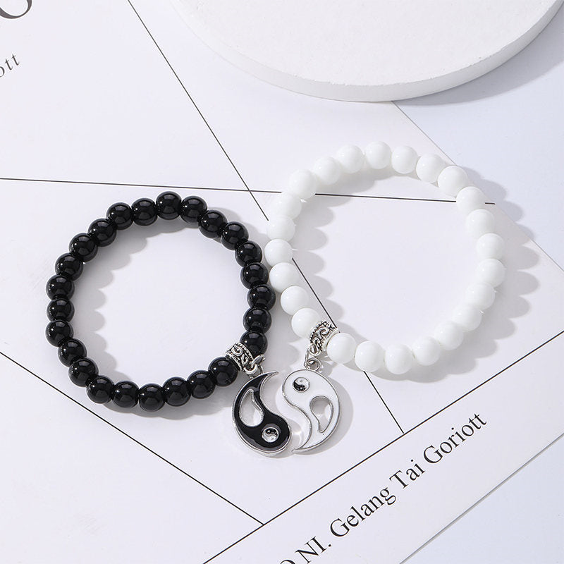 Buddha Stones 2Pcs Black Onyx White Turquoise Bead Yin Yang Protection Couple Bracelet